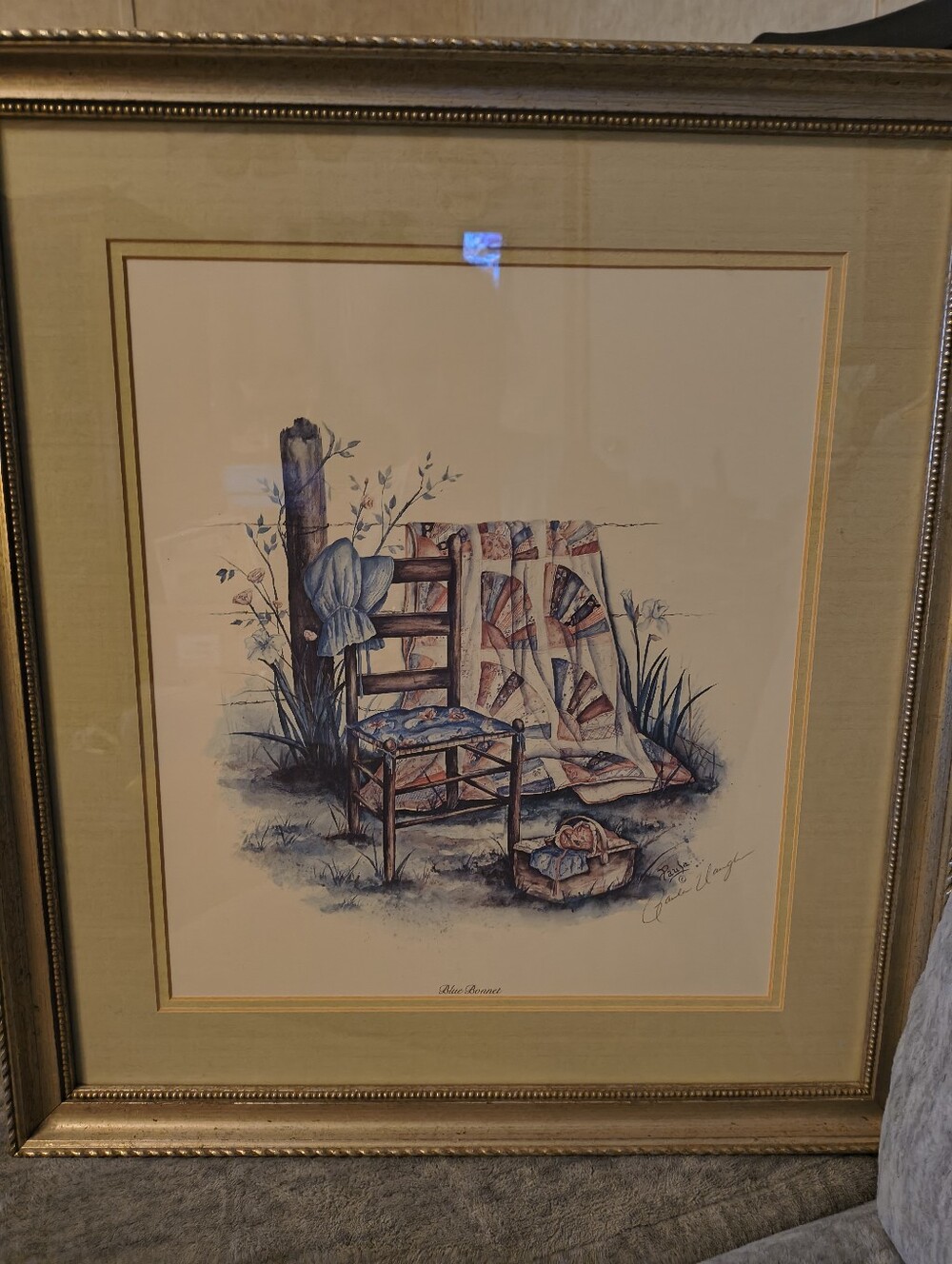 Framed Country Quilt Chair Art Print in Blue and Cream